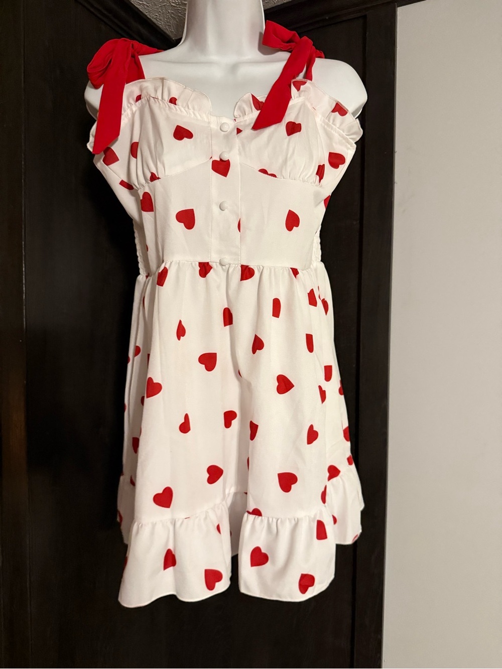 Women’s' White Dress with Red Heart Print and Tie Straps